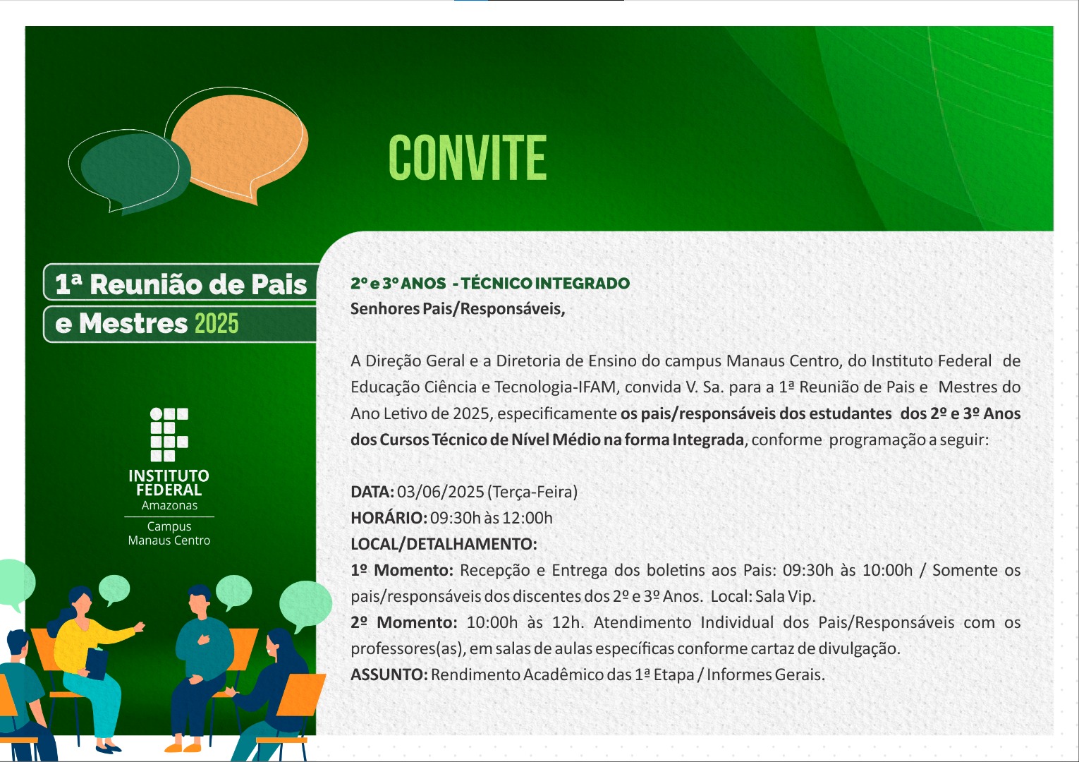 CONVITE 1ª Reunião Pais e Mestres 2025 2º e 3º ANOS - TÉCNICO INTEGRADO